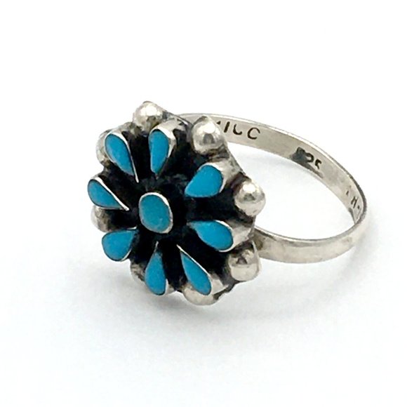 PETIT POINT sterling turquoise flower ring - size 6.5 Mexico southwest style 925 - Picture 3 of 8